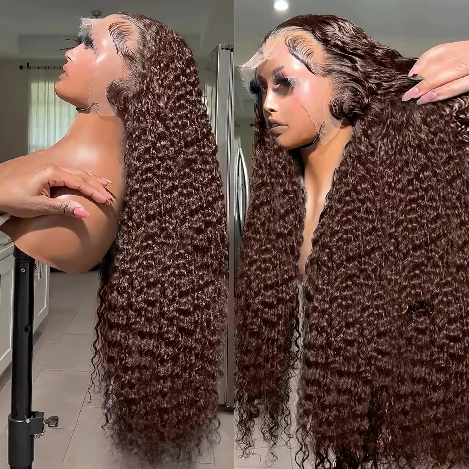 Rosabeauty Chocolate Brown Curly Wigs 13X6 HD Human Hair Lace Frontal Wig 30 32 Inch 13x4 Deep Wave #2 Colored Wig For Women