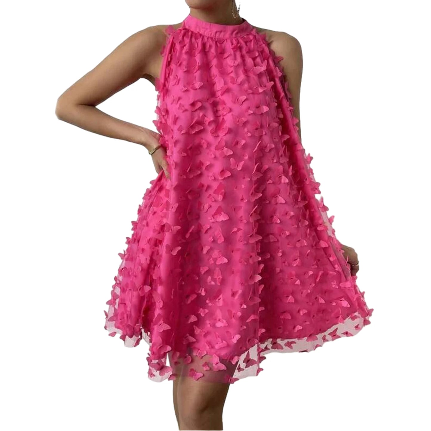 Elegant Lace Embroidered Sleeveless Halter Neck Dress with Floral Appliques and Mesh Overlay for Summer Cocktail Party