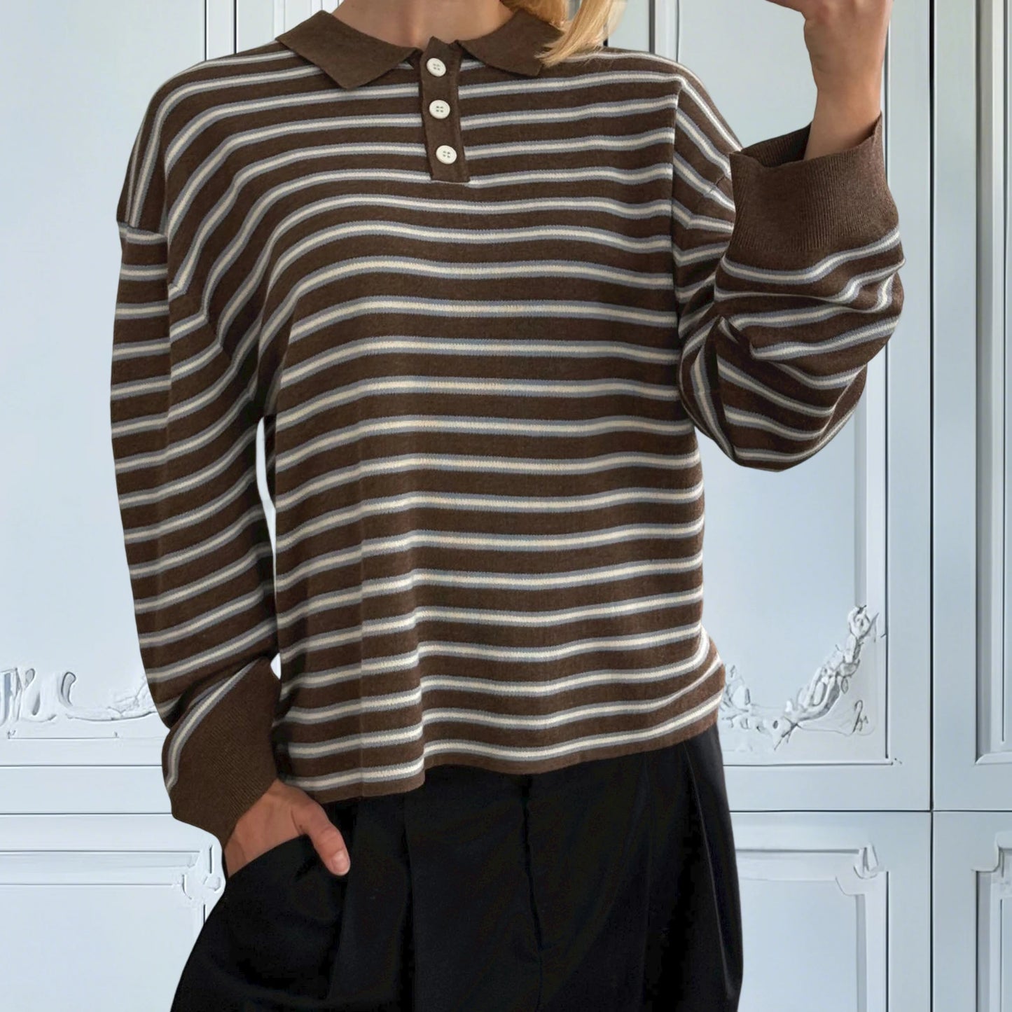 Women s Striped Collared Sweater with Loose Fit and Long Sleeves - Stylish Pullover Knit Top for Casual Winter and Fall Fashion
