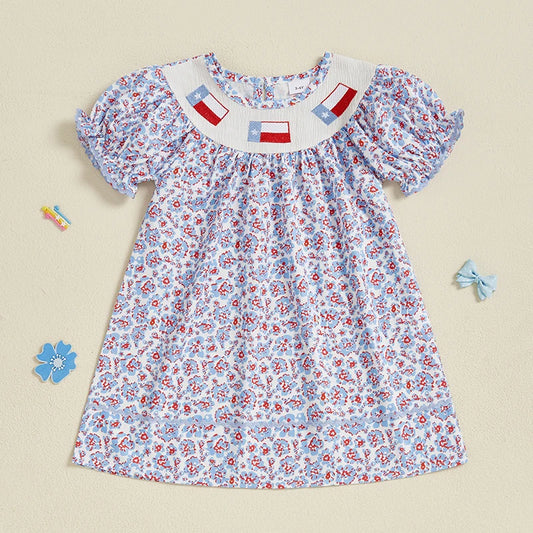 Girls Short Sleeve Crew Neck Floral Print Summer Dress Embroidered Casual Dress for Kids Cute Flower Patterned Clothing