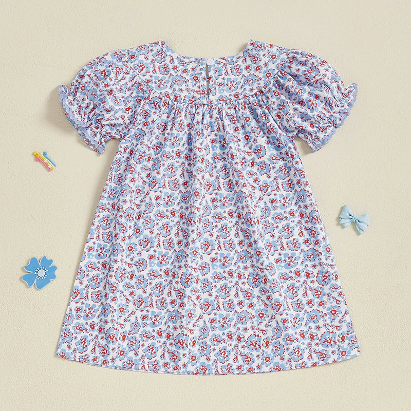 Girls Short Sleeve Crew Neck Floral Print Summer Dress Embroidered Casual Dress for Kids Cute Flower Patterned Clothing