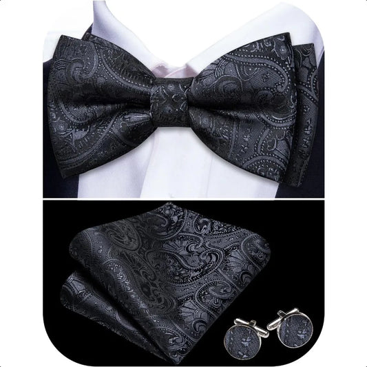 Barry.Wang Paisley Striped Bow Tie for Men Silk PreTied Bowtie Pocket Square Cufflinks Set Formal Wedding Party Prom