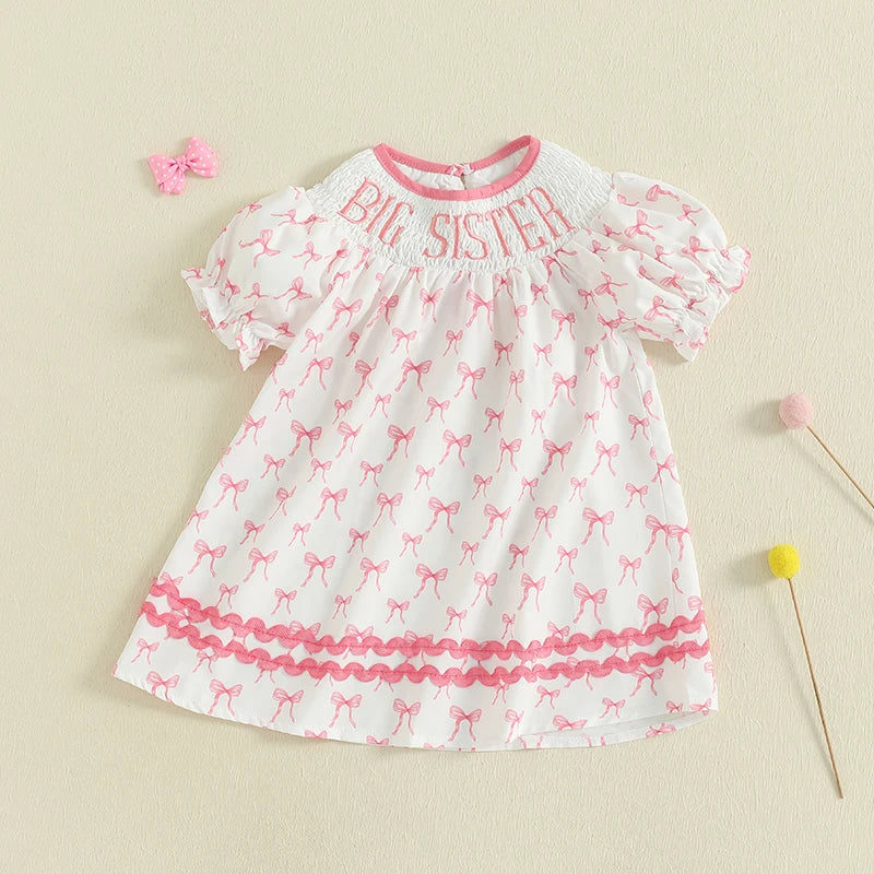 Cute Baby Girls Floral Print Ruffle Sleeve Round Neck Casual Dress Toddler Summer Dress with Bow Detail and Embroidered Letters