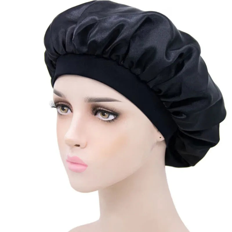 Women Satin Bonnet Night Sleep Cap Hair Hat Silk Head Cover Wide Elastic Band