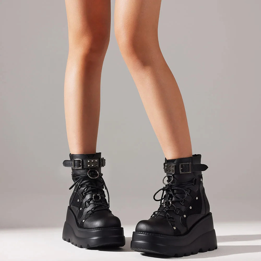 DoraTasia Punk Ankle Boots Platform Back Zipper Buckle Round Toe Lace-up Chunky High Heeled Shoes Mixed-color Motorcycle Boots