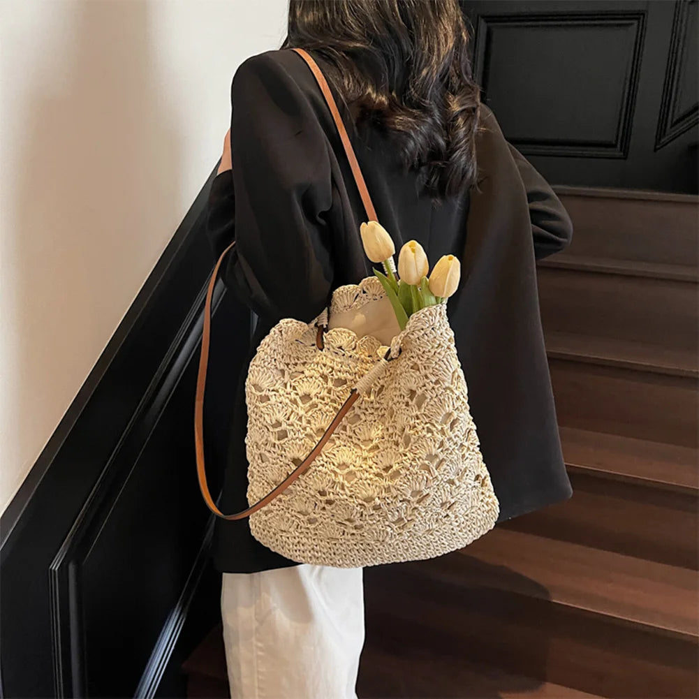 Women Seaside Knitting Beach Bag Large Capacity Hand Woven Tote Bag Wear Resist Crochet Handbag Travel Shopping Party Bag