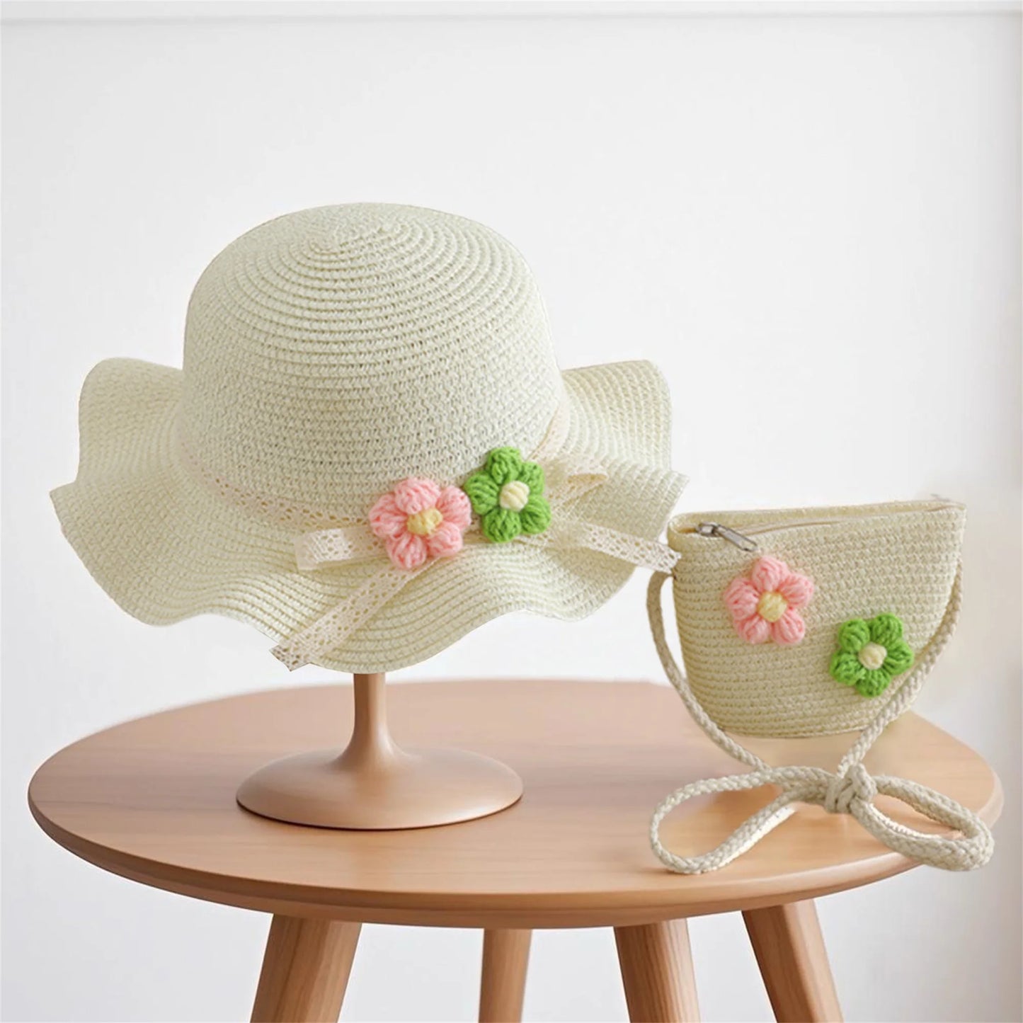 Girls Summer Sun Hat and Tote Bag Set with 3D Floral Embellishments Lace Detail Wide Brim and Adjustable Crossbody Strap