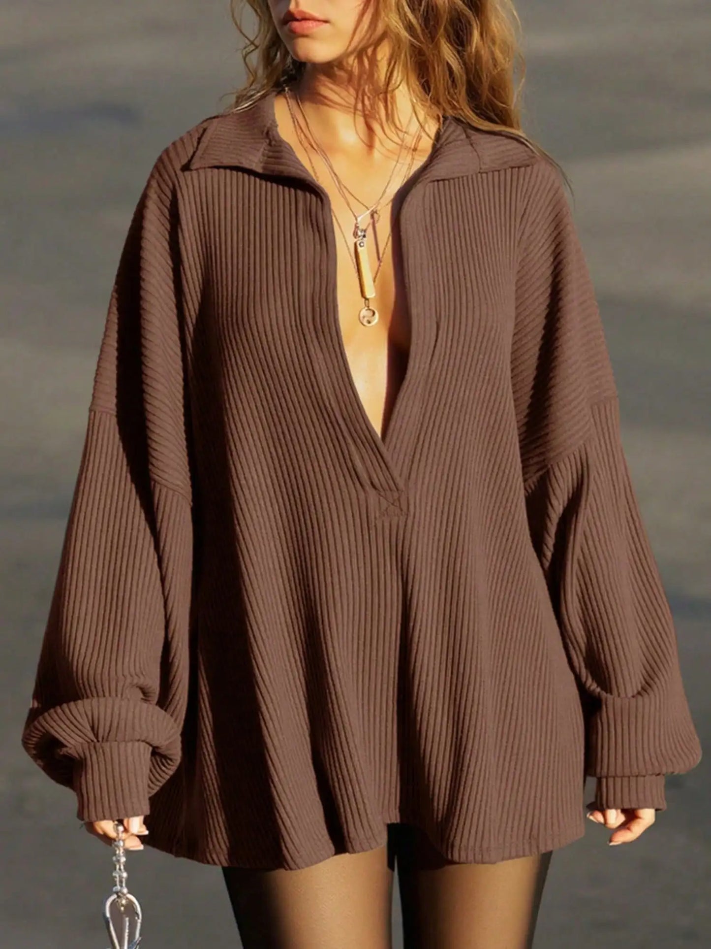 Y2K Deep V-Neck Knit Top | Oversized Long Sleeve Layering Tee | Fall Casual Streetwear Sweater | Slim Fit Loose Contrast Style