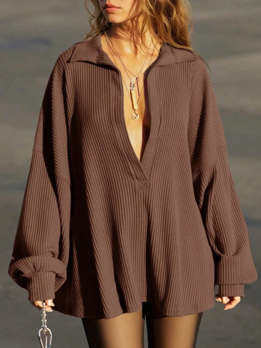 Y2K Deep V-Neck Knit Top | Oversized Long Sleeve Layering Tee | Fall Casual Streetwear Sweater | Slim Fit Loose Contrast Style