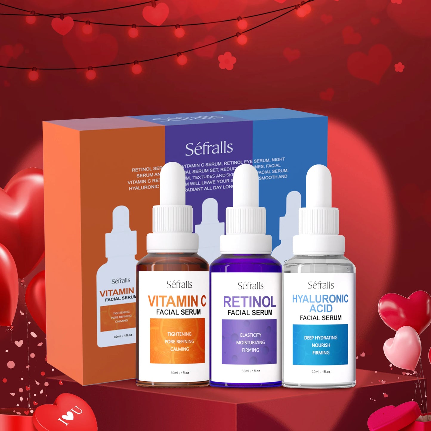 Séfralls Hyaluronic Acid VC Serum with Vitamin C and A. It offers firming effect, hydrates, whitens, shrinks pores, is anti