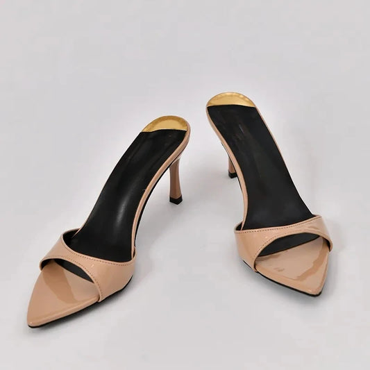 Pointed Stiletto Heels Women Pumps Patent Leather 2025 Summer Designer Mule Sandals Elegant Sexy Office High Heels Women Shoes