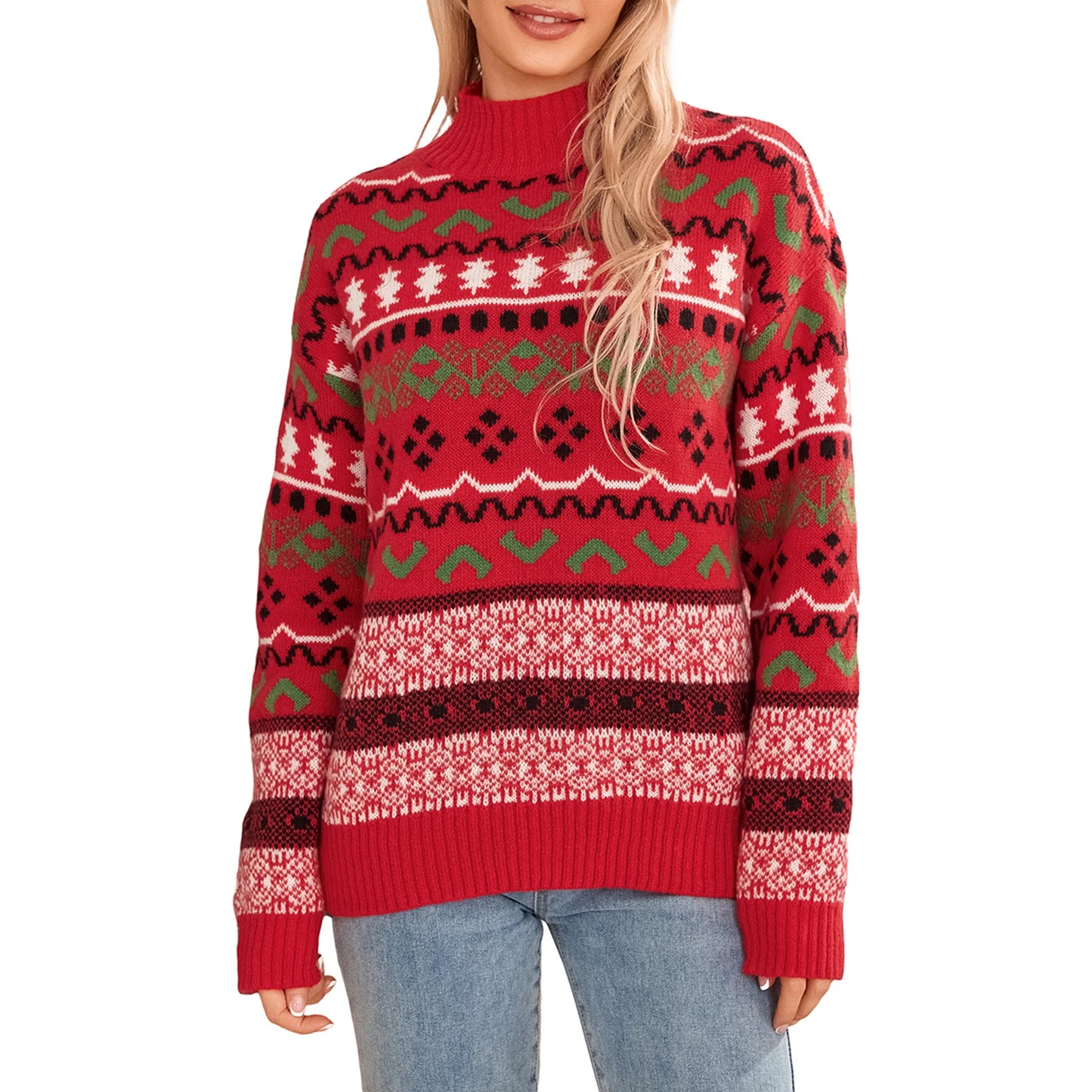 Women Christmas Sweater Casual Striped Long Sleeve Round Neck Loose Fit Knit Pullover Tops