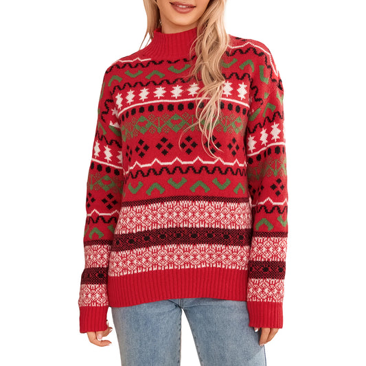 Women Christmas Sweater Casual Striped Long Sleeve Round Neck Loose Fit Knit Pullover Tops