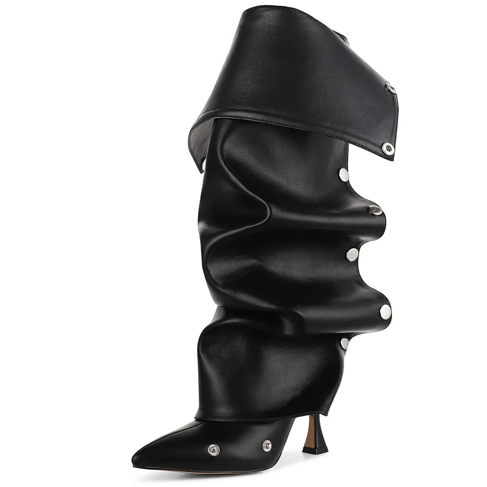 DoraTasia Fashion Fold Over Knee High Boots Pleated Pointed Toe Stiletto High Heeled Women Boots Zipper Rivet Shoes For Woman