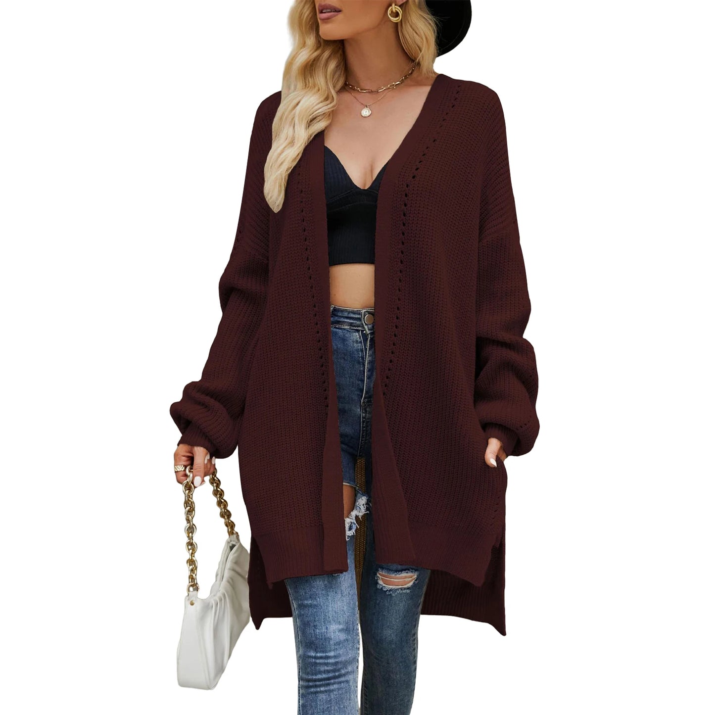 Women s Autumn Winter Knit Cardigan Long Sleeve Open Front Split Hem Knitwear Sweater