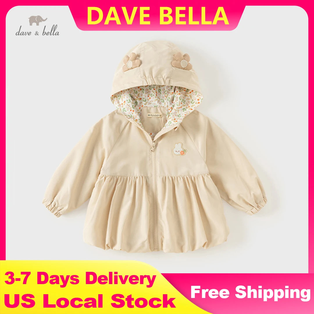 Dave Bella Girl's Zipper Trench Dress Coat 2025 New Casual Hooded Outwear Jacket Spring Windbreaker Coat DB3241855