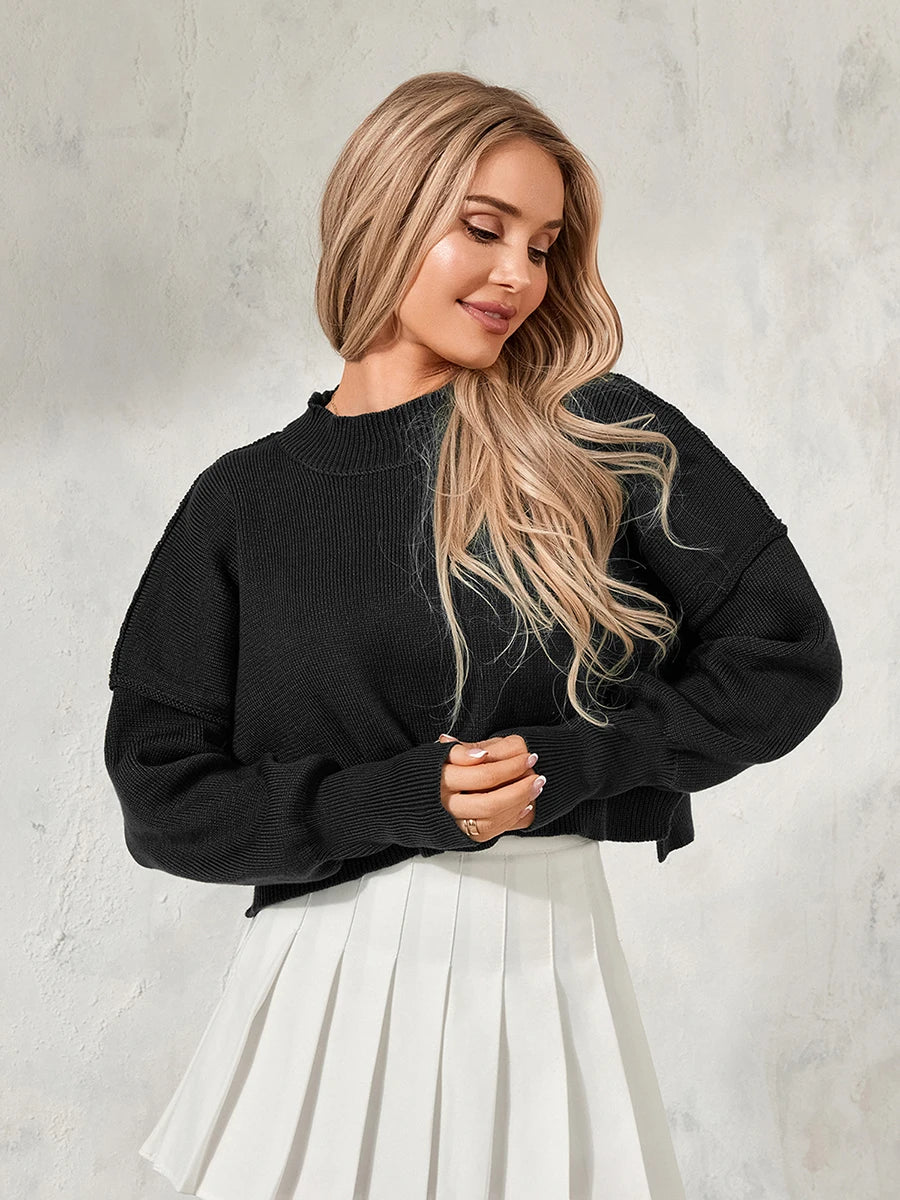 Women s Autumn Cropped Knit Tops Solid Color Ribbed Round Neck Long Sleeve Spring Loose Sweaters Knitwear