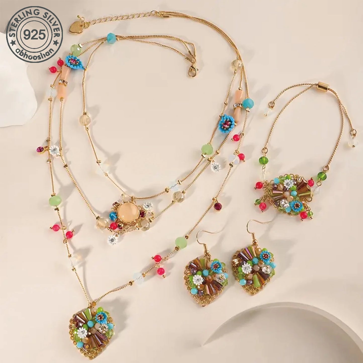 925 Silver, Multi-layer heart bead set, Bohemian style, pendant set with natural stones, gemstones, zirconia, crystals, pearls,