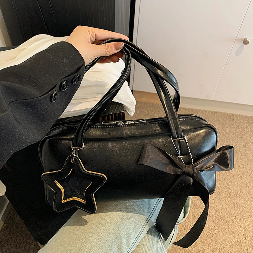 Women Bow Shoulder Bag with Star Pendant Fashion Shoulder Purse PU Leather Bow Underarm Handbag Girls Outdoor Daily Bag