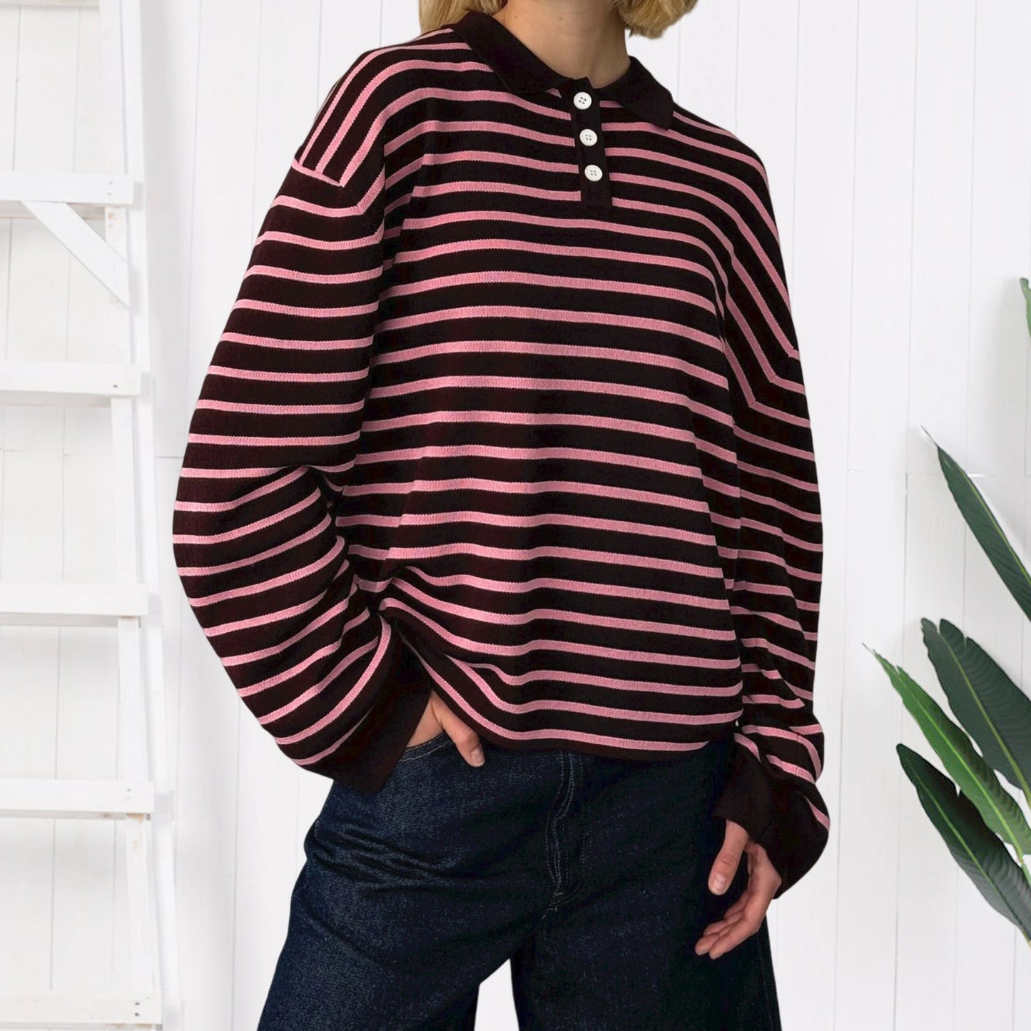 Women s Striped Collared Sweater with Loose Fit and Long Sleeves - Stylish Pullover Knit Top for Casual Winter and Fall Fashion