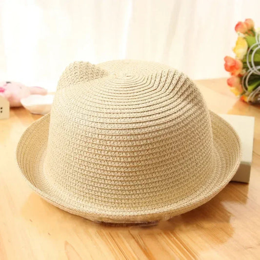 Fashion Lovely Girls Boys Straw Hats Headdress Summer Kids Baby Bucket Sun Hat Cute Ear Solid Floppy Beach Cap For Children