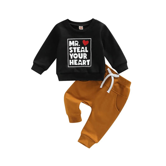 Baby Boy Valentine s Day Outfit Heart Print Hoodie Striped Pants Set for Toddler Boys 1-3 Years Old
