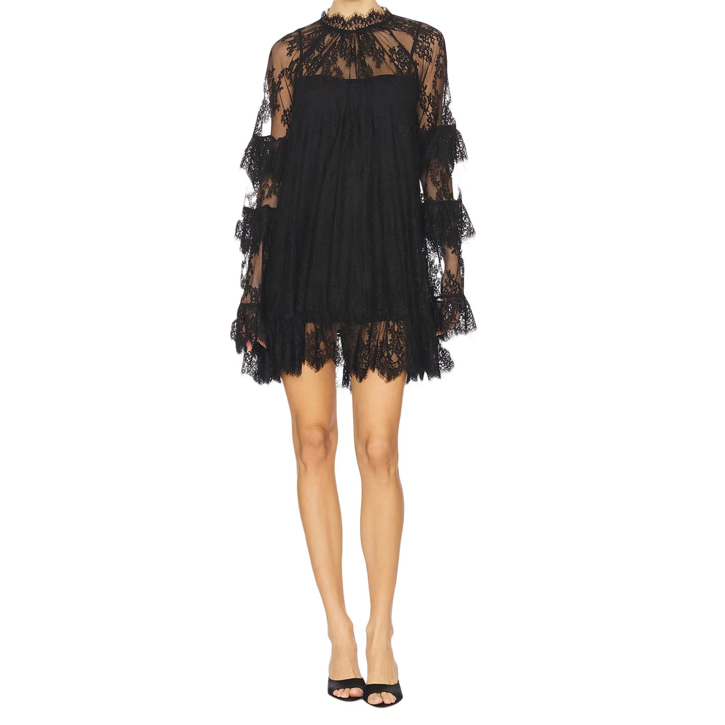 Elegant Floral Lace Dress V-Neck Long Sleeve A-Line Cocktail Dress with Belt Vintage Retro Party Mini Dress for Women