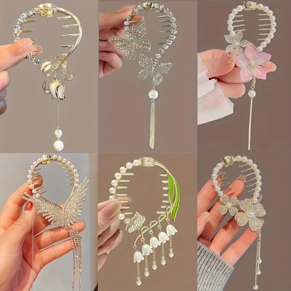 6pcs Pearl Ponytail Claw Clip, Tassel Claw Clip, Metal Claw Clip Hair Accessory for Girls and Women