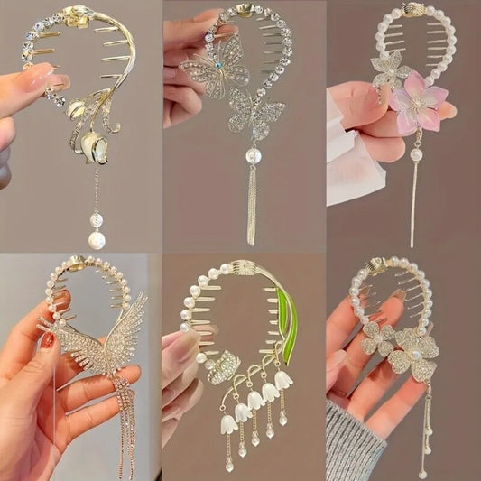 6pcs Pearl Ponytail Claw Clip, Tassel Claw Clip, Metal Claw Clip Hair Accessory for Girls and Women