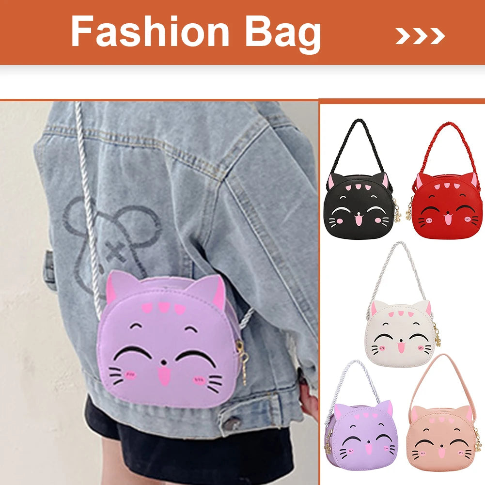 Girls Cute Sling Bag Cartoon Cat Kawaii Satchel Bag Casual Fashion Coin Purse Compact Kids Daily Bags
