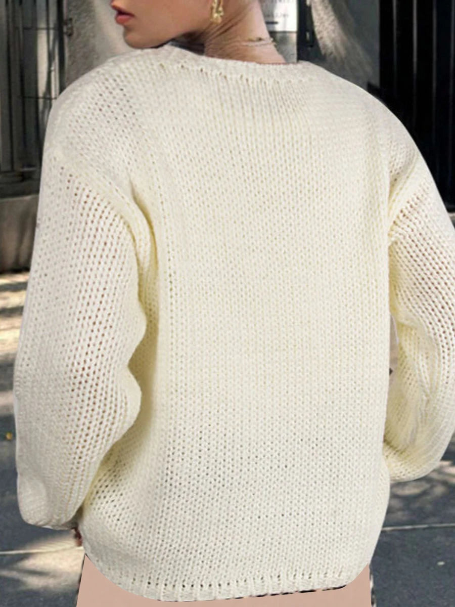 Women s Cozy Cable Knit Sweater with Oversized Bow Detail and Embroidery Long Sleeve Round Neck Pullover for Autumn