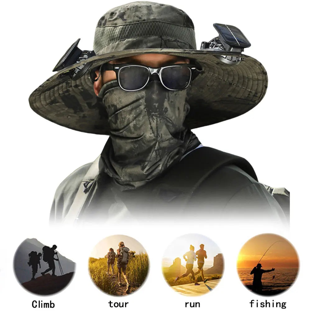 Wide Brim Outdoor Sun Hat with 2 Solar Fan Wide Brim Bucket Hat Fisherman Hat for Men Swim Hat Outdoor Fishing Hat USB Charging
