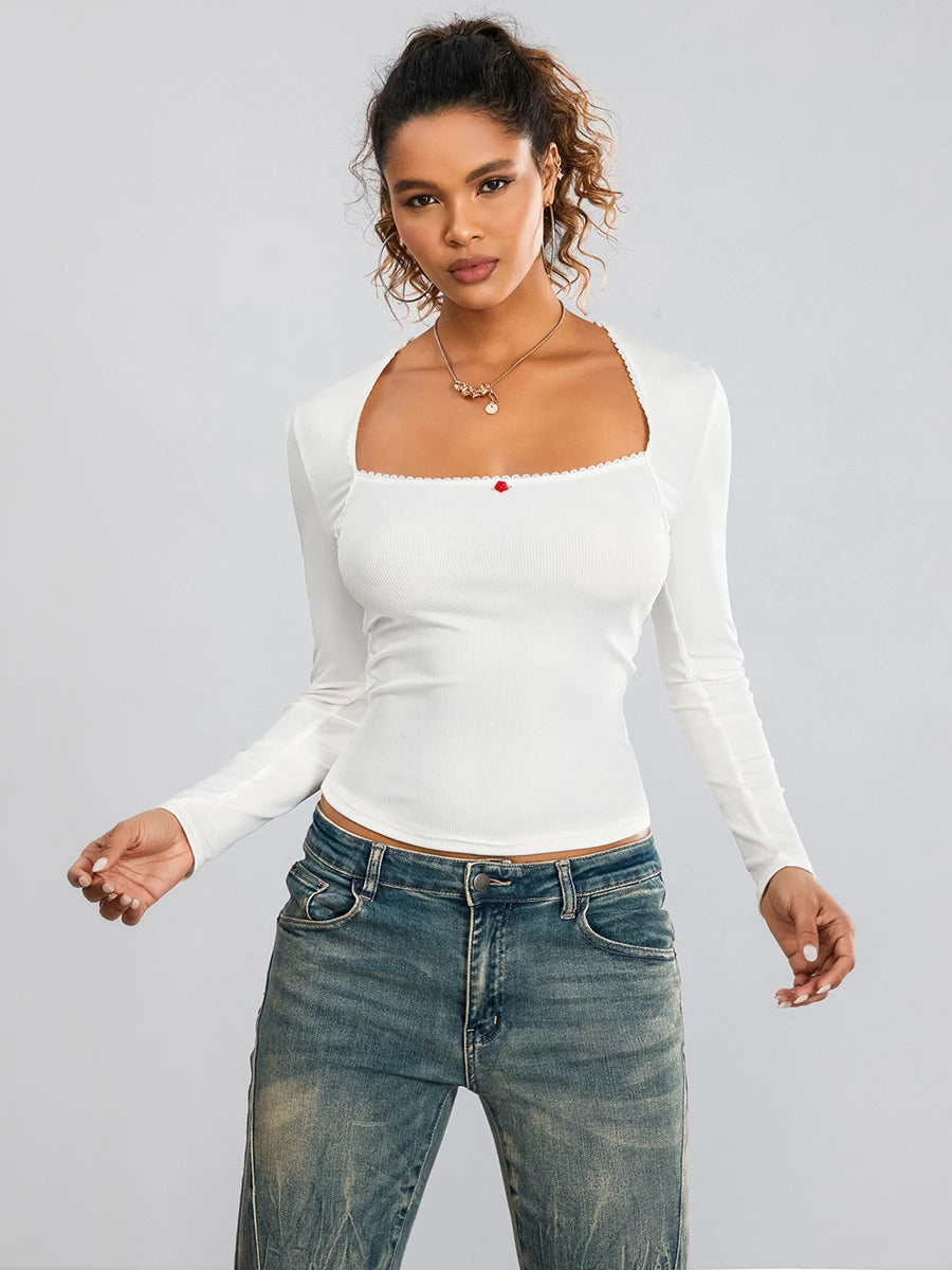 Women s Spring Sim Knit Tops Striped Patterned Ribbed Long Sleeve V-Neck Mini Daisy Embellished Blouses