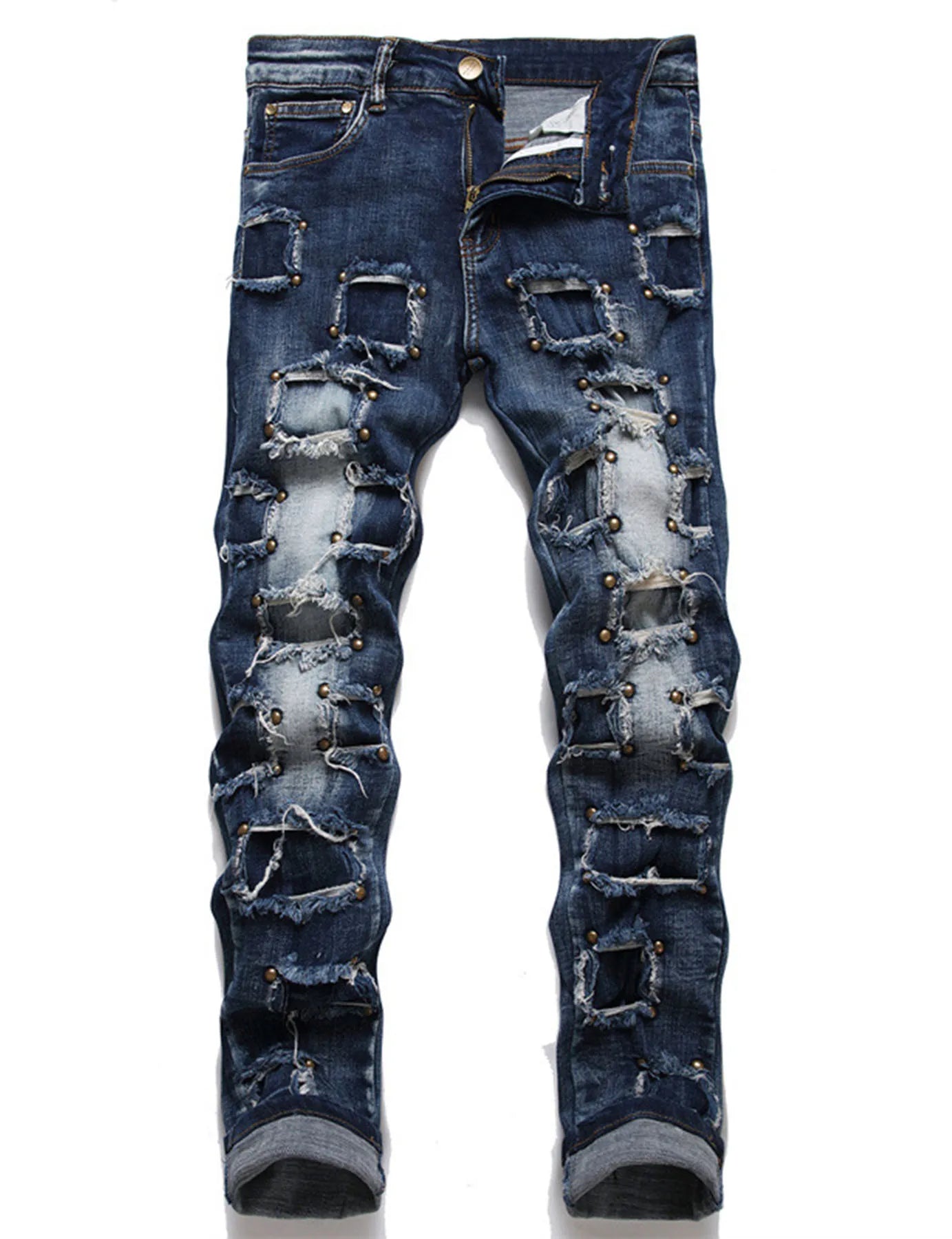 Men`s Steampunk Rock Hip Hop Rivet comfortable Patchwork Beggar stretch Washed Denim Street Fashion Casual Jeans pants