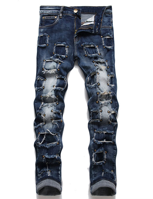 Men`s Steampunk Rock Hip Hop Rivet comfortable Patchwork Beggar stretch Washed Denim Street Fashion Casual Jeans pants