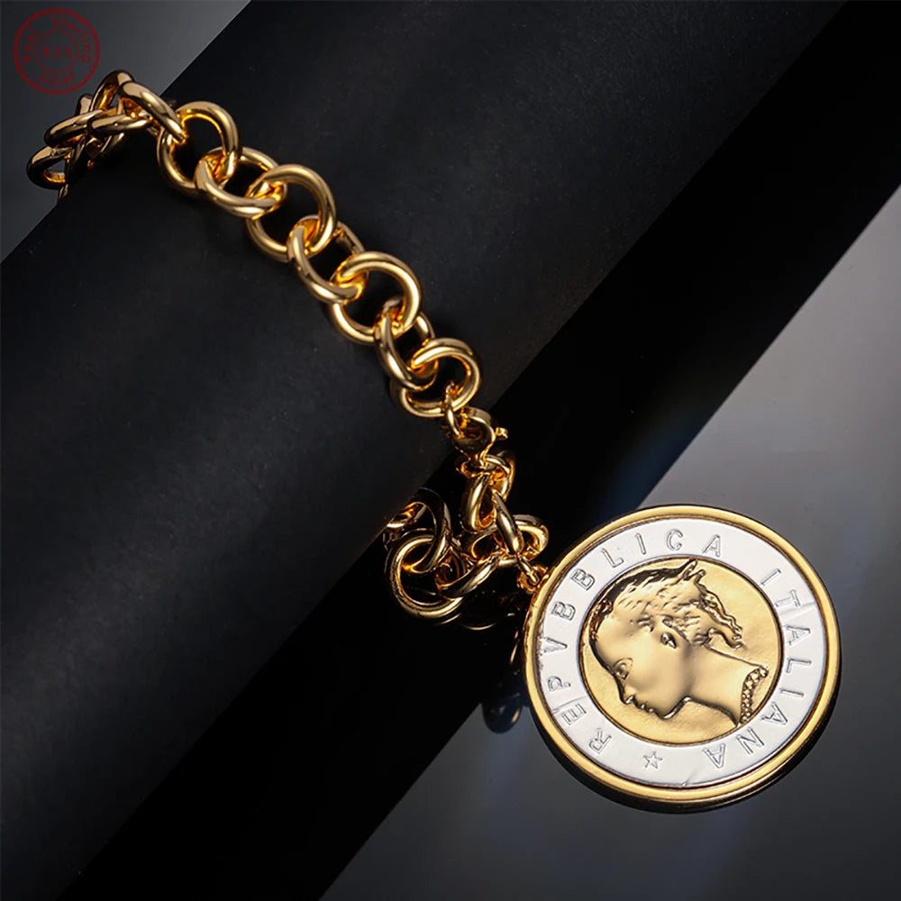 18K Gold Plated Bronze Italian Genuine 500-Lira Coin Charm Rolo Link Chain Bracelet for Women Vintage Fine Jewelry Gift US Stock