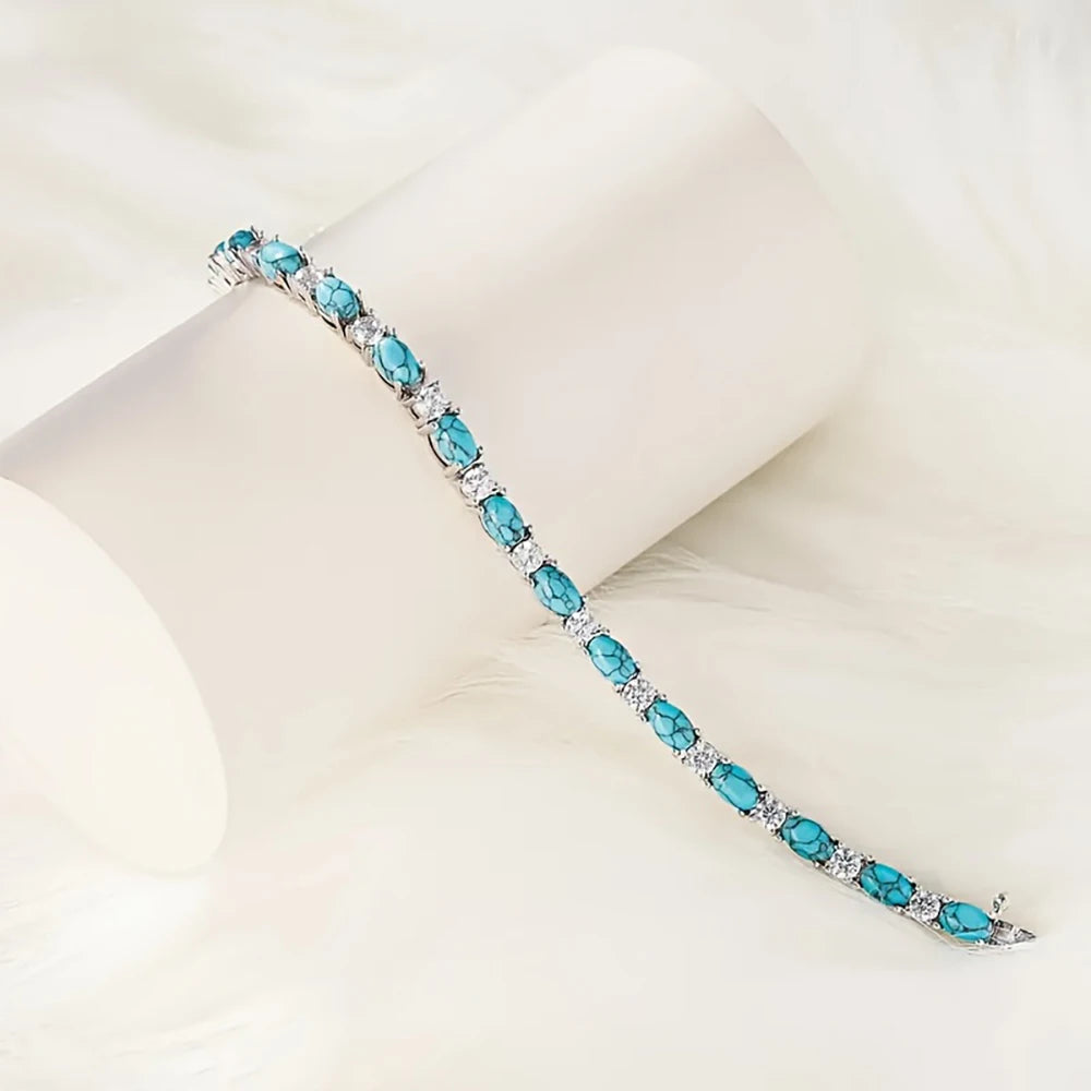 925 Sterling Silver 20cm Turquoise Tennis CZ Zircon Chain Bracelet for Women Luxury Crystal Fine Jewelry Gift Shipping from USA