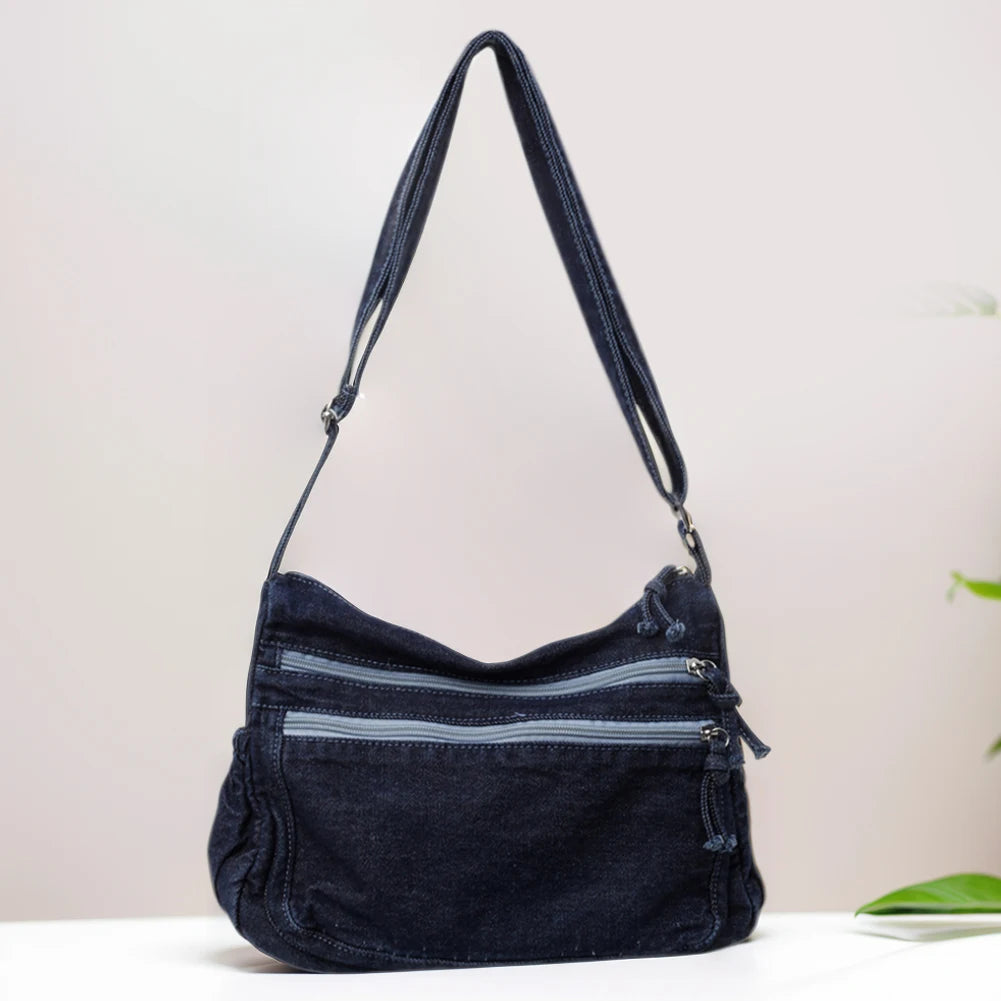 Women Denim Casual Messenger Bag Large Capacity Stylish Crossbody Bag Adjustable Strap Shoulder Tote Bag Outdoor Travel Bag