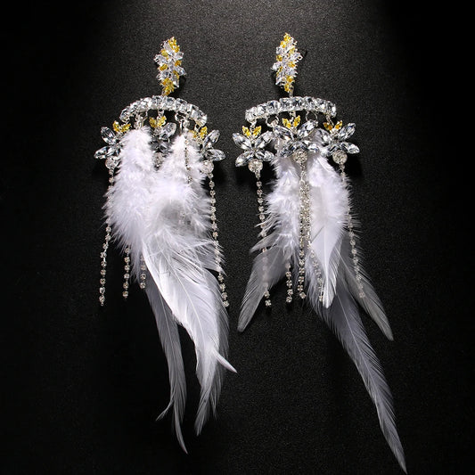 Stonefans New Feather Exaggerated Heart Earrings Dangle Bridal Wedding Designer Large Crystal Hanging Earrings Prom Jewelry Club