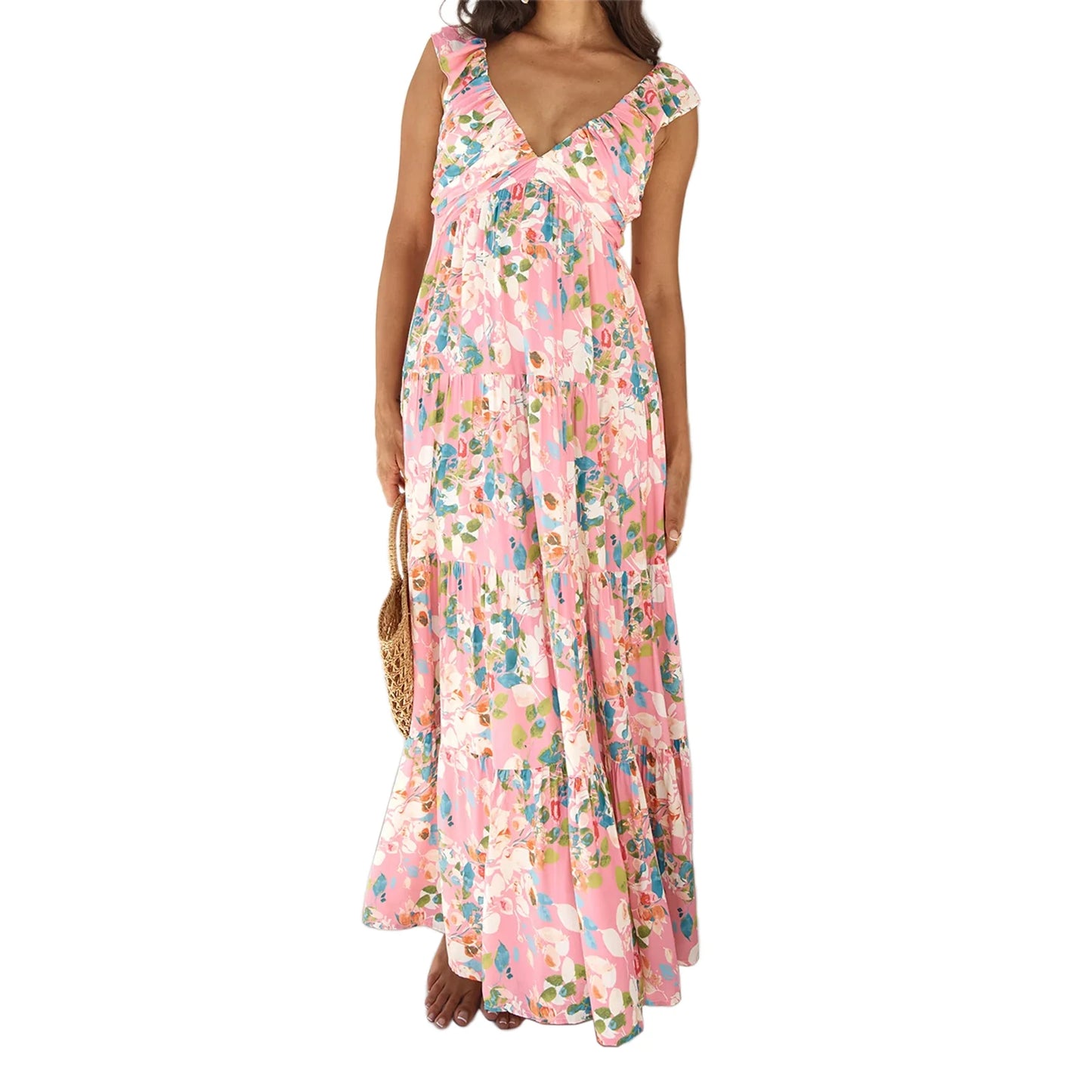 Elegant Sleeveless Maxi Dress with Boho Floral Print and Ruffled Hemline Perfect for Summer Beach Parties and Events