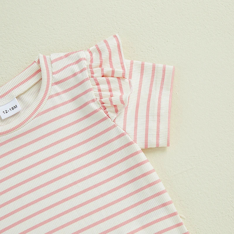 Girls Summer Outfits Lettuce Trim Striped Print Ruffles Short Sleeves T-Shirt with Elastic Flare Pants - Adorable Matching