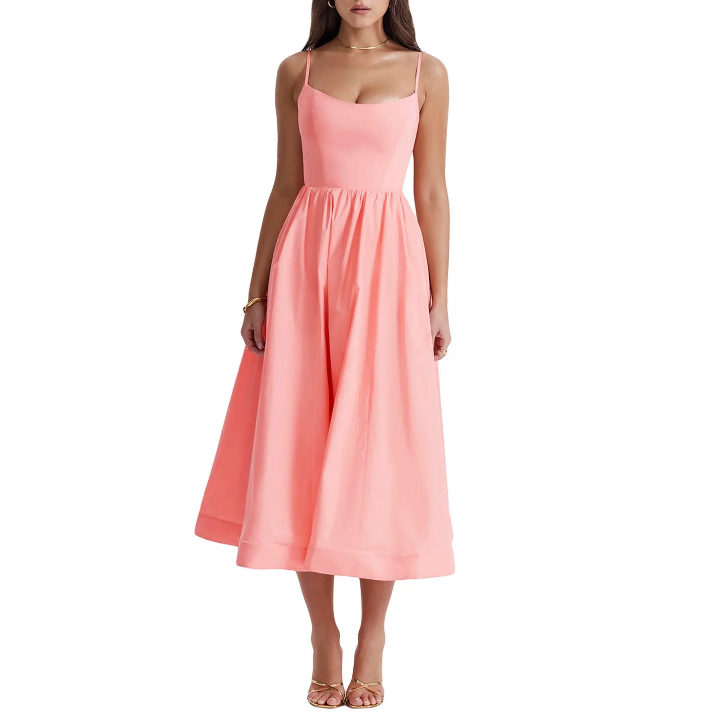 Women s Summer Midi Dress Solid Color Sleeveless Backless Party Dress Spaghetti Strap Beach Dress