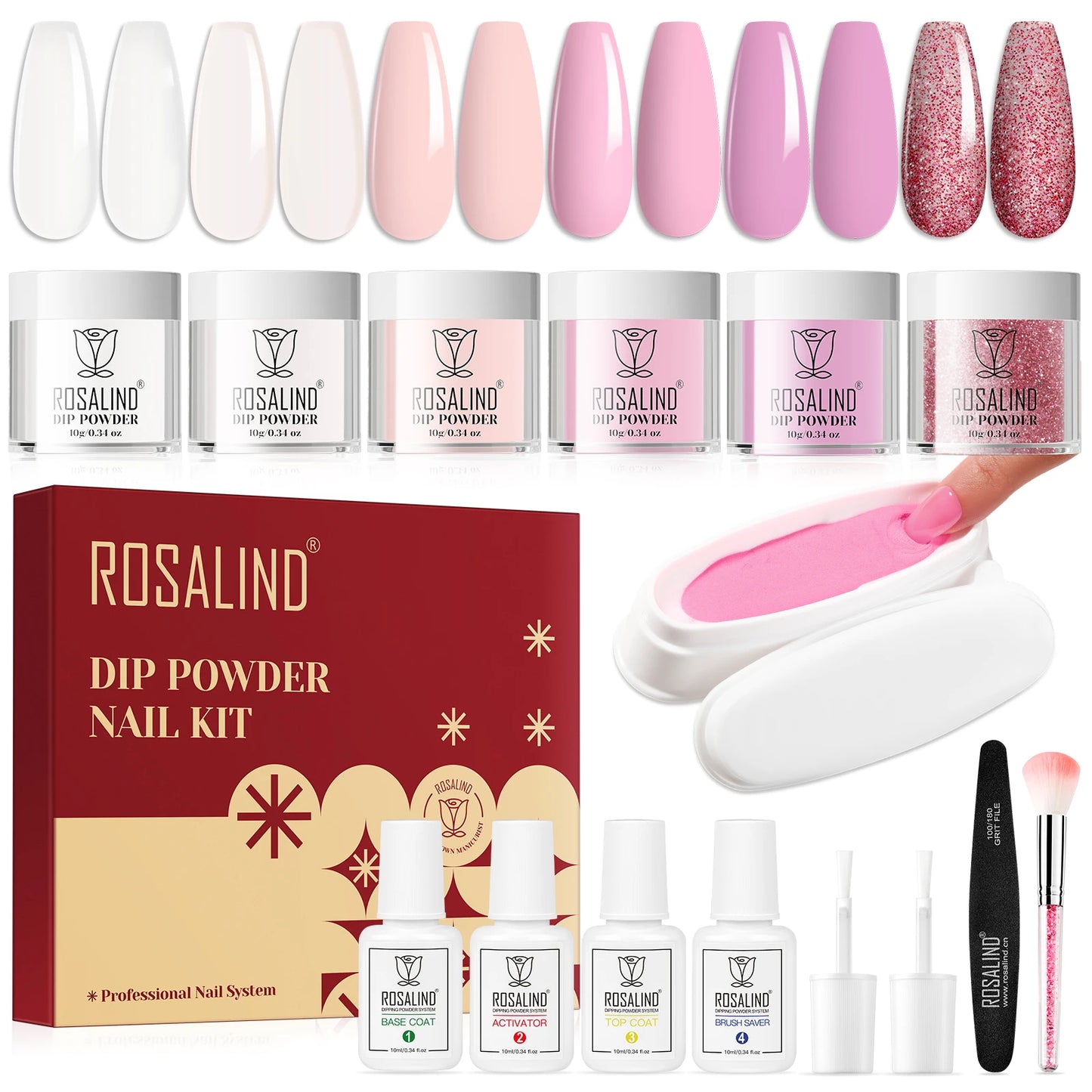 ROSALIND 6 Colors Dip Powder Nail Dip Powder Colors Liquid Set with Base&Top Dip Nails Powder Starter Kit