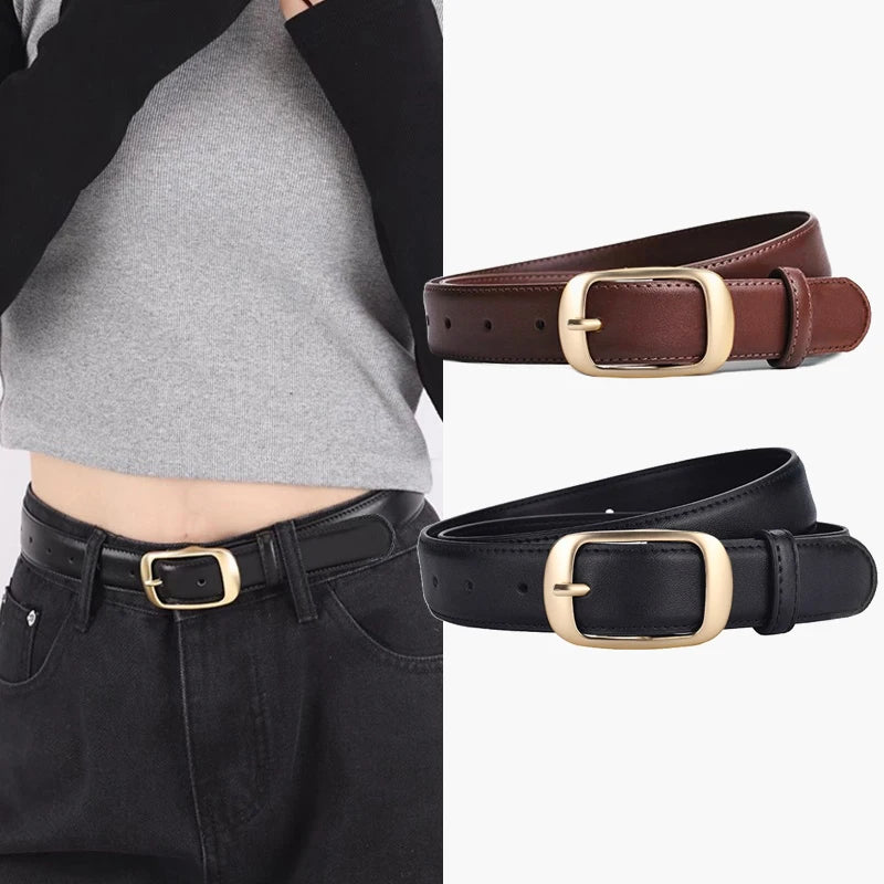 Luxury Genuine Leather Wide Belt Ladies Fashion Simple Matching Jeans Gold Buckle Belt Women 2.8cm Wide Cowhide Brown Belt