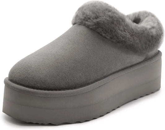 Women's Platform Slippers Fluffy House Slippers For Indoor And Outdoor Short Ankle Boot Fur Lined Clog Slippers