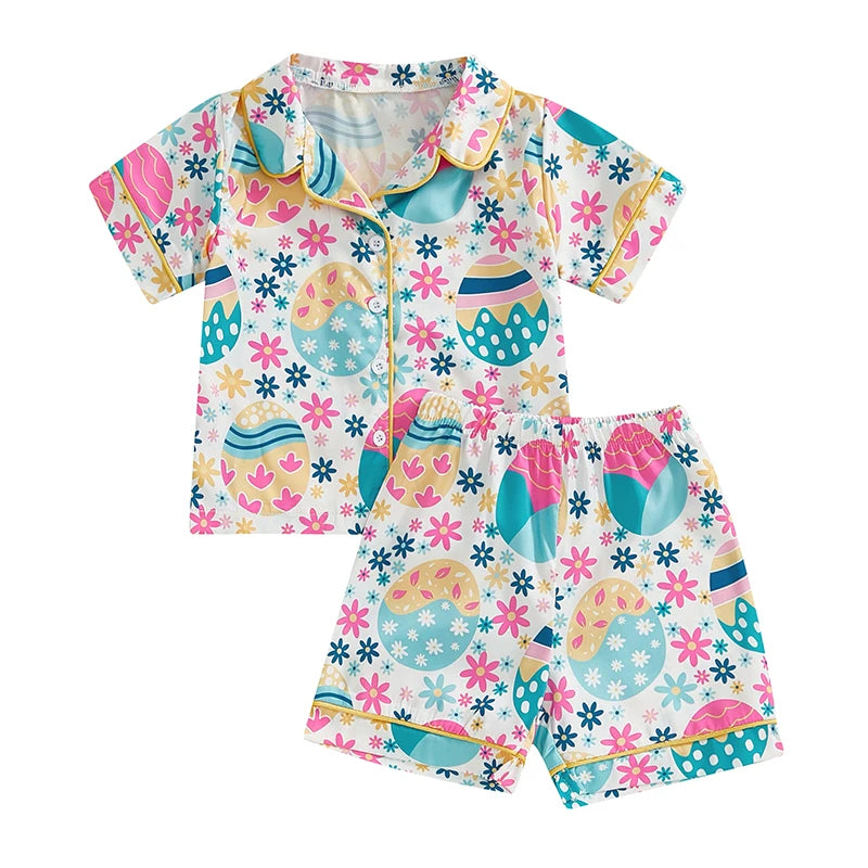 Boys 2PCS Pajama Sets Long Sleeve Lapel Button Up Dinosaur Robot Spaceship Truck Print Shirt Shorts Sleepwear