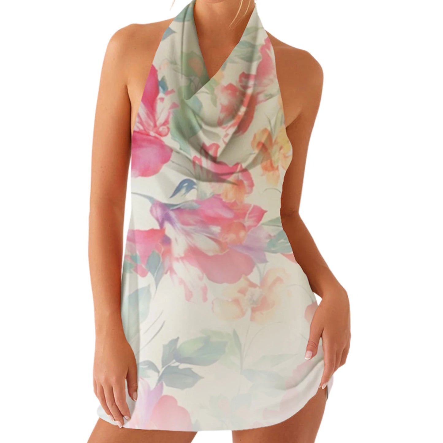 Elegant Floral Print Sleeveless Halter Neck Mini Dress for Women Perfect for Summer Parties Clubbing and Vacations