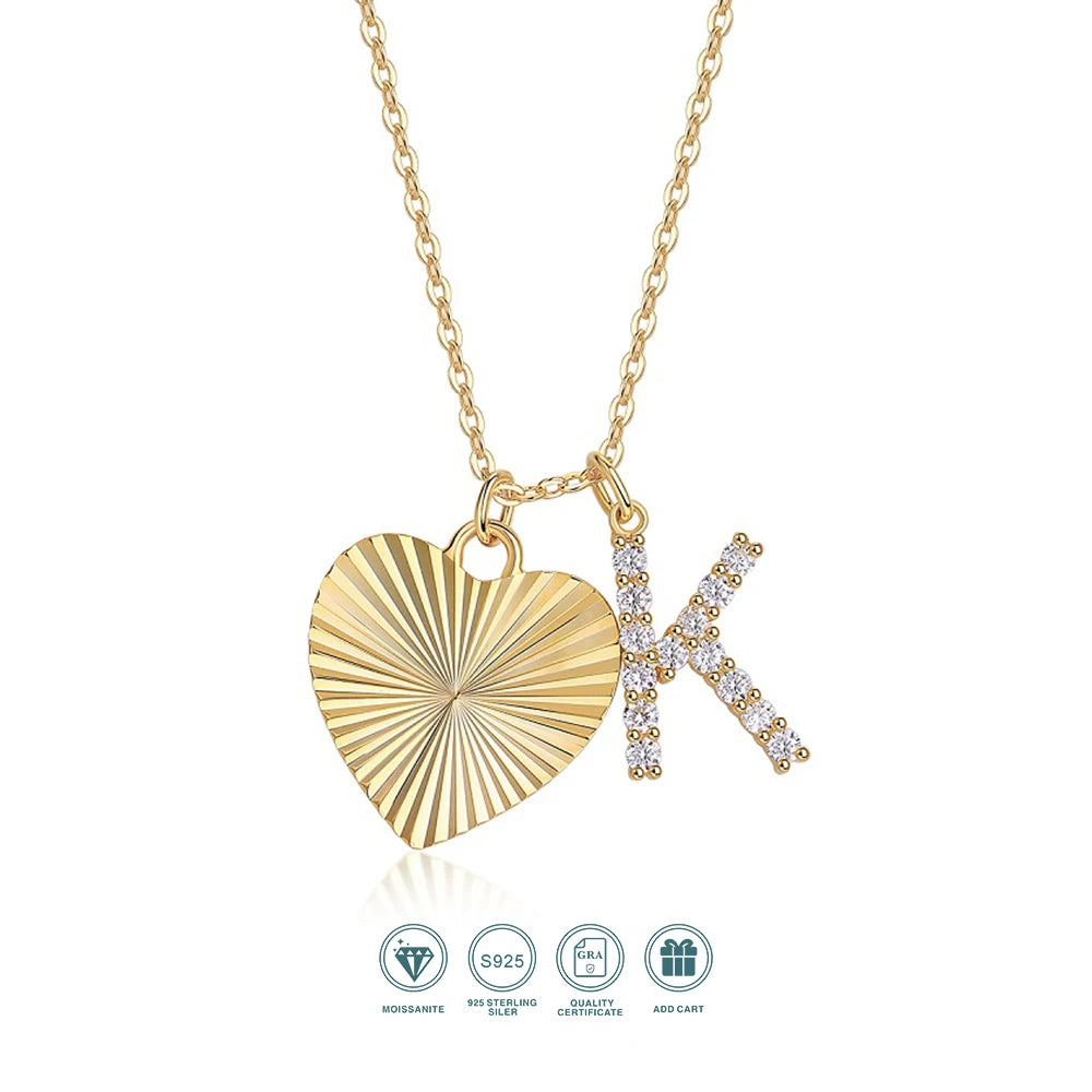 JIUZUAN Letter K Pendant Heart Necklace for Women Gold Plated 925 Silver Dainty Jewelry Gift Birthday Anniversary Elegant