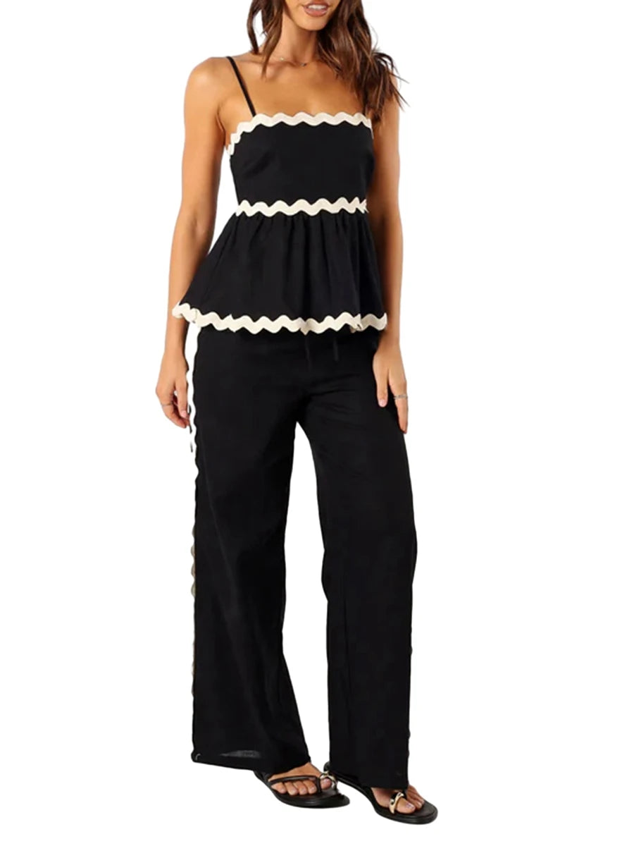 Women s 2 Piece Summer Set Square Neck Backless Ruffled Hem Spaghetti Strap Crop Tops Drawstring Ric Rac Pants Outfits