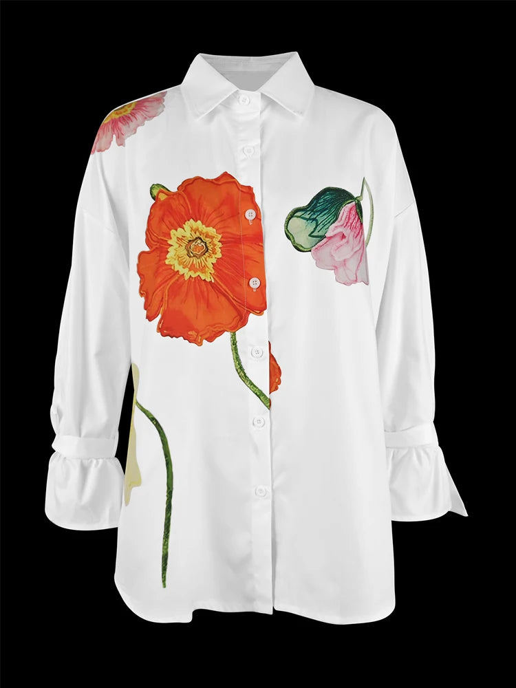 Korean Fashion Floral Printed Lapel Blouse For Women 2025 New Autumn Flared Sleeves Buttoned Urban Casual Shirts Tops